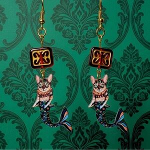 Cat Mermaid Earrings with Gold Accents